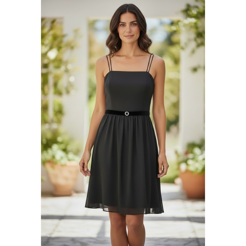 Ann Taylor Black Silk Spaghetti Straps Chiffon Dress Size 10 Petite Lined Bling